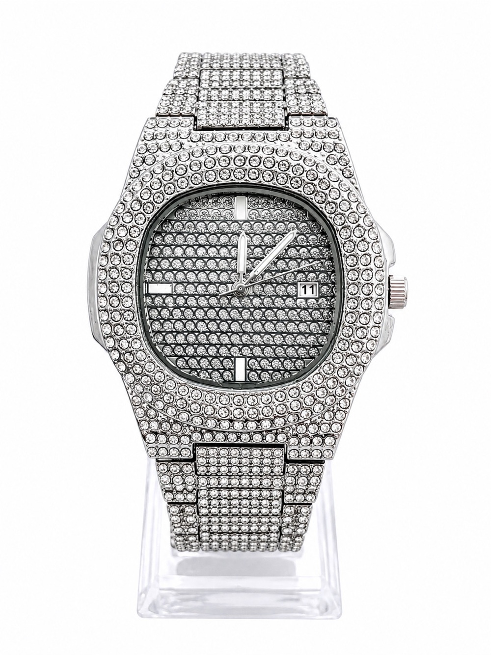 Iced out Men's Silver Nautilus Watch